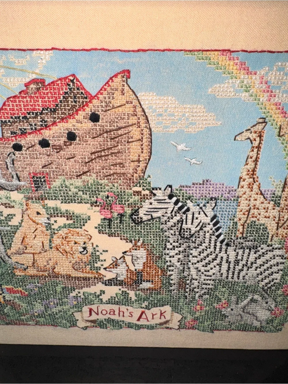 Noah's Ark Cross Stitch Wall Art - Cream Background with Multicolor Animals